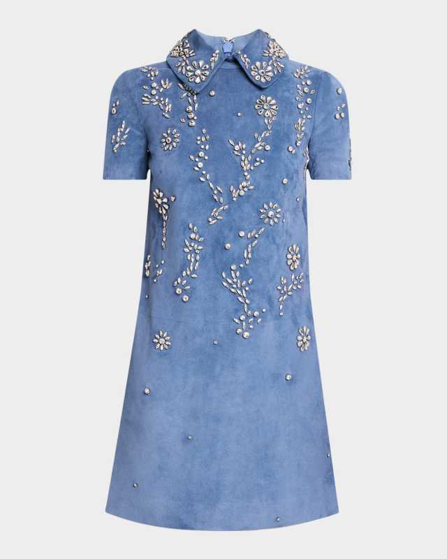 Crystal Suede Short-Sleeve Mini Shift Dress